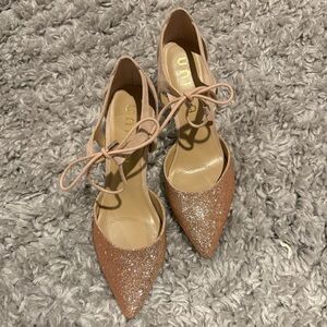 Unisa Rose Gold Glitter Lace-Up Heels - Tan